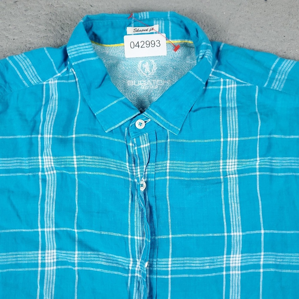 Bugatchi Uomo Mens Large Blue Plaid Linen Button Up Short Sleeve Shirt 042993